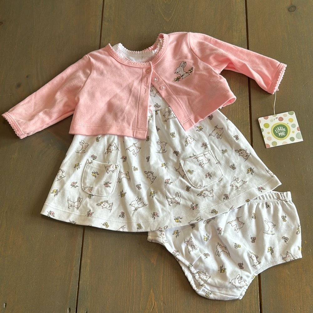 Little Me Bunny Rabbit Dress with Cardigan and Bloomers 3 Months